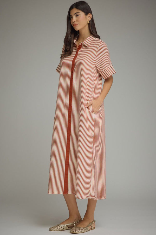Brick Stripe Short Sleeve Midi Dress