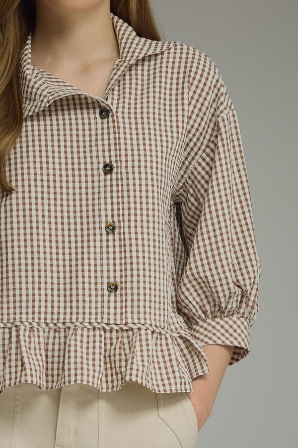 Cocoa Gingham ¾ Puff Sleeve Top