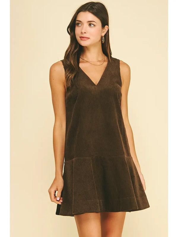 Corduroy Flowering Hem Mini Dress | Dark Mocha