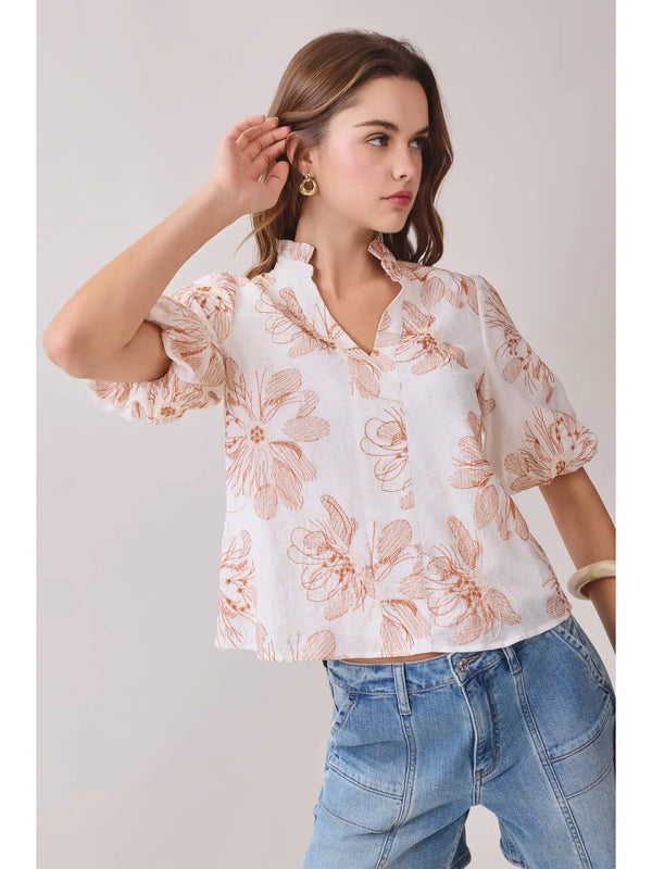 Floral Embroidered Detail Ruffled Split Neck Top