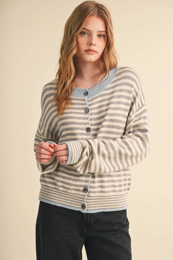 Striped Sweater Cardigan in Slate Grey
