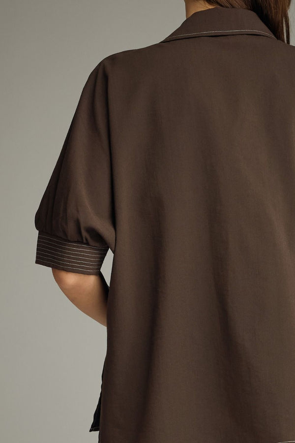 Brown Short Sleeve Top w Split V-Neck & Contrast Stitch detail
