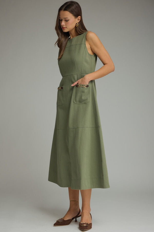 Olive Sleeveless Midi Dress w Horsebit Accent Detail