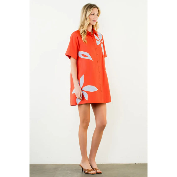 Orange Short Sleeve Floral Embroidery Dress