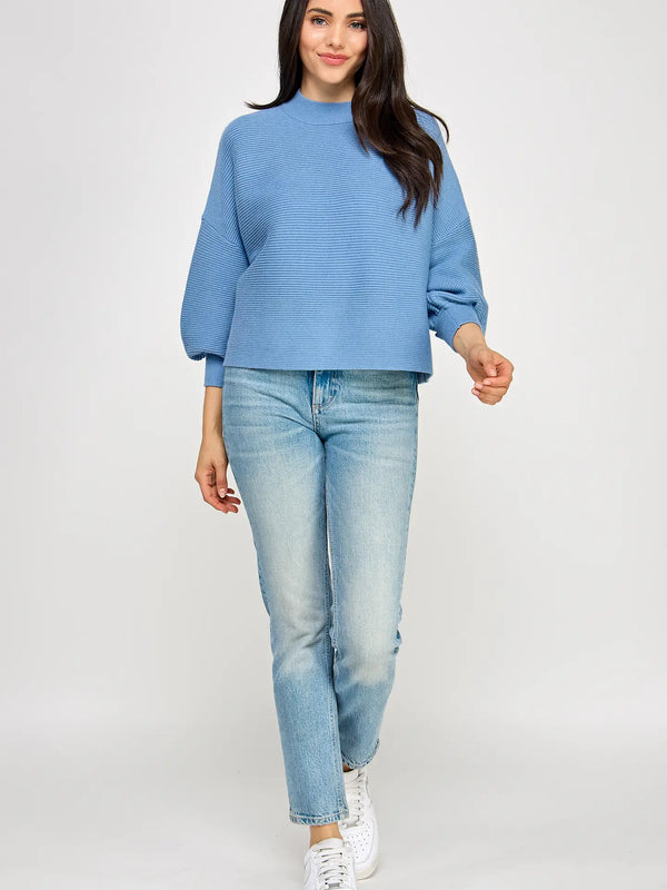 Balloon Slv Mock Neck Sweater Azure