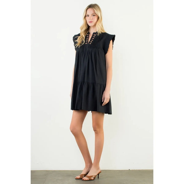 Black Pleated Split Neck Bow Detail Dress