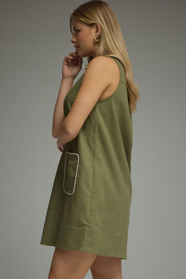 Olive Sleeveless Mini Dress w Contrast Piping
