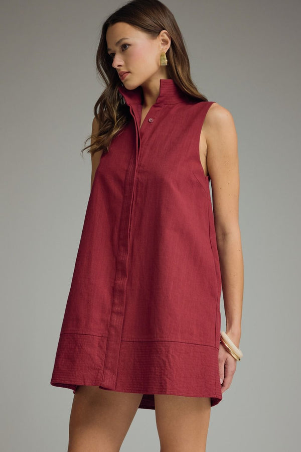 Solid Crimson Stand Collar Sleeveless Mini Dress