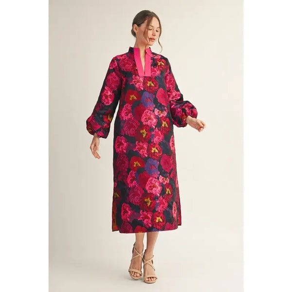 Hot Pink Puff Sleeves Floral Midi Dress