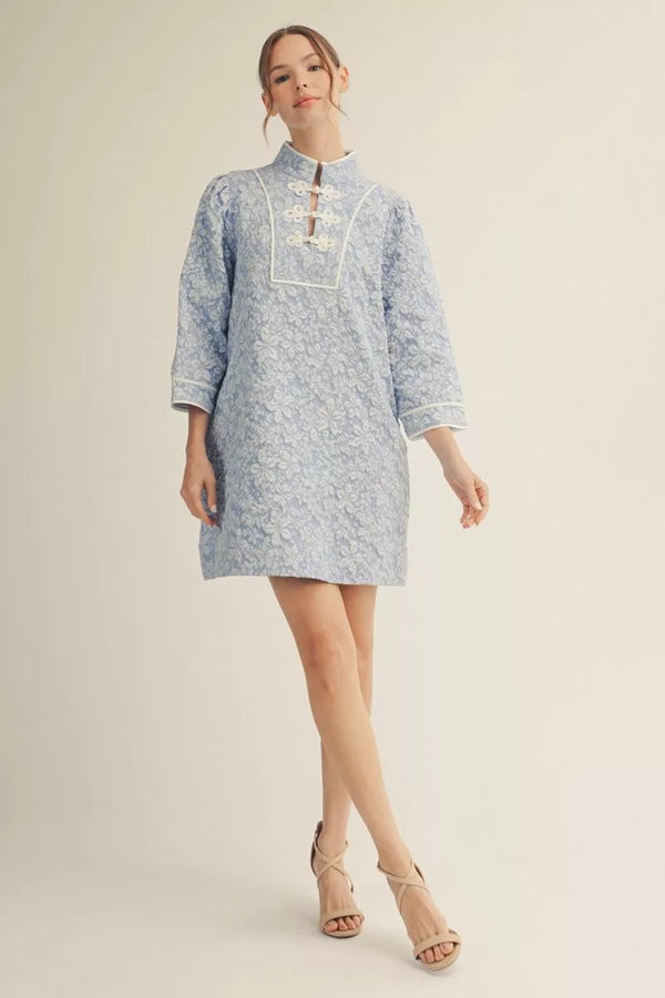 Blue Floral Jacquard Dress w Front Chinese Knots Frog Buttons