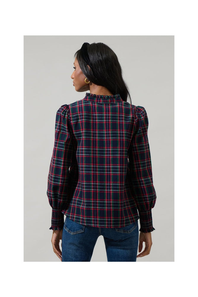 Chapman Plaid Split Neck Top Navy