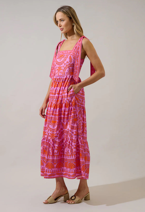 Tarie Tropical Emely Tiered Maxi Dress Pink & Orange