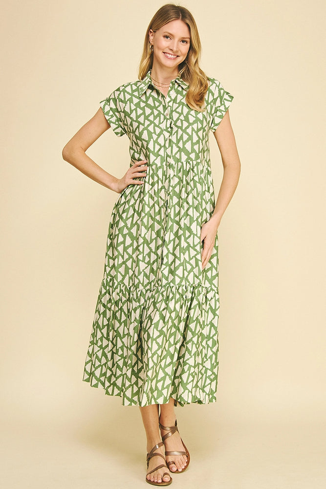 Print Tiered Button Down Maxi Dress - Green