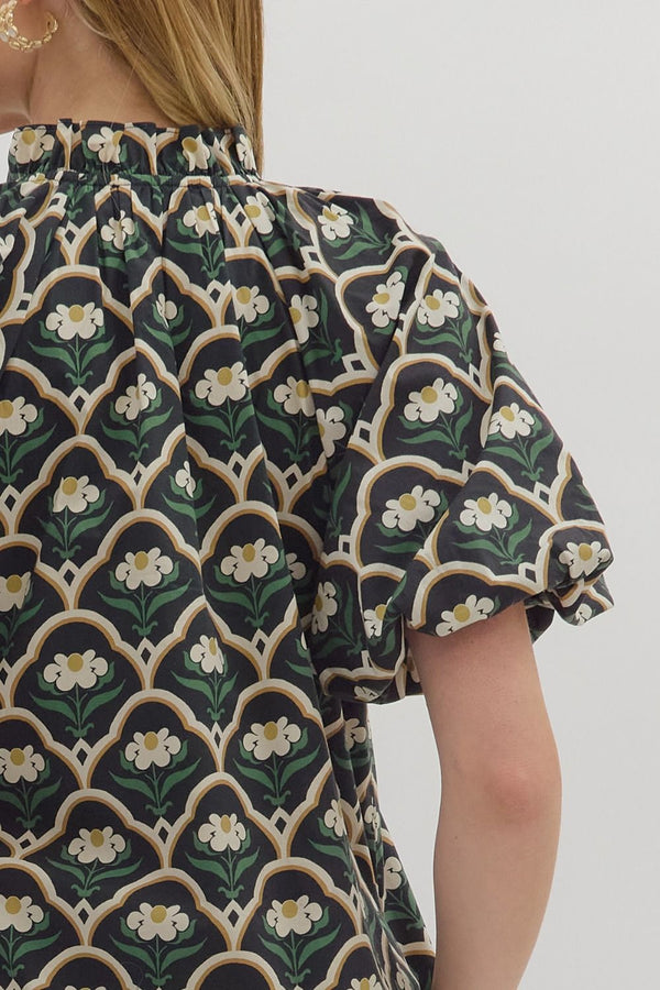 Botanical Print Short Puff Sleeve Mini Dress