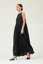 BLACK SATIN TIERED MAXI DRESS