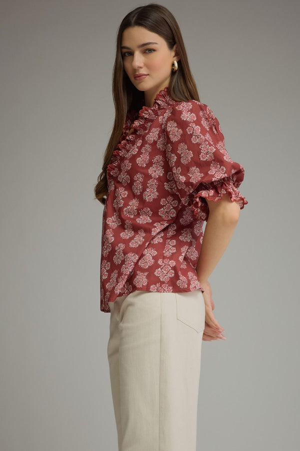 Burgundy Floral Print Puff Sleeve Top w Ruffled V-neckline