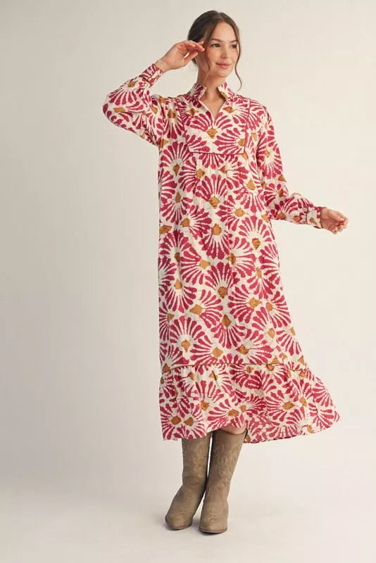 Magenta Boho Print Midi Dress