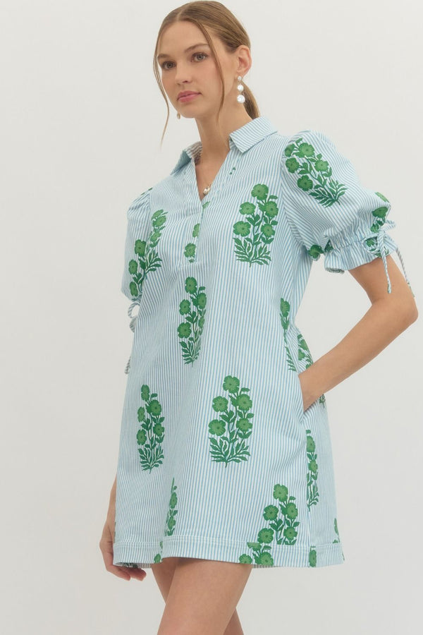 Striped Blue & Green Floral Print Puff Sleeve Mini Dress