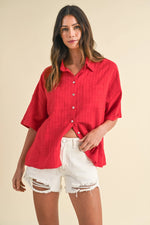 Linen Stripe Texture Oversized Shirt - Red