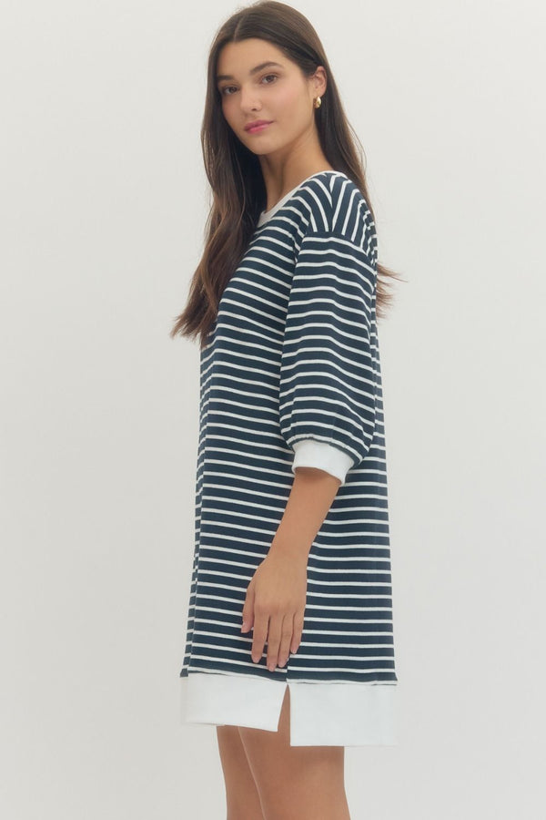 Navy Striped 3/4 Sleeve Mini Dress