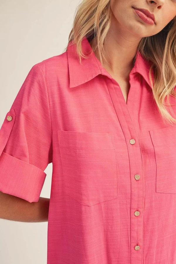 Roll Up Fuchsia Sleeves Button Down Dress