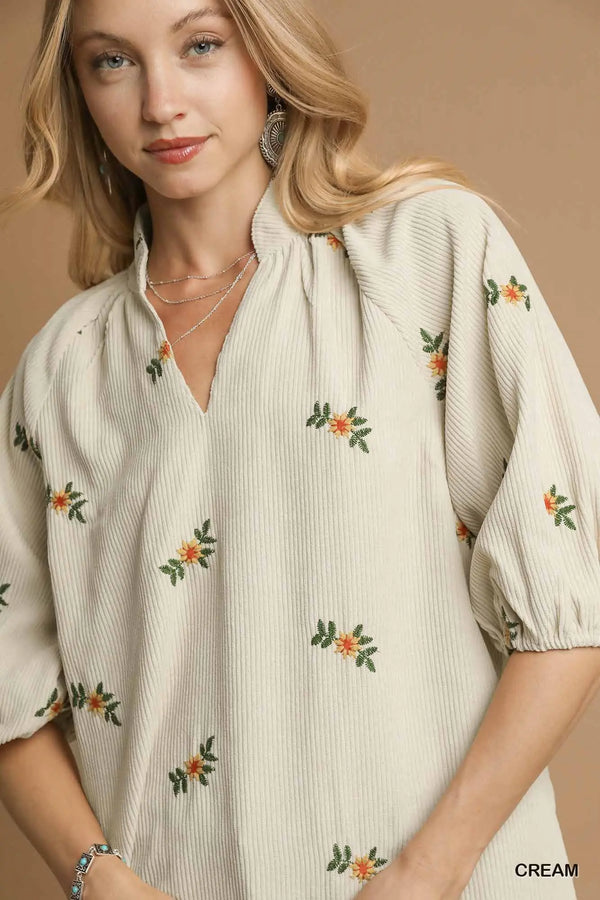 Corduroy Floral Embroidered Blouse