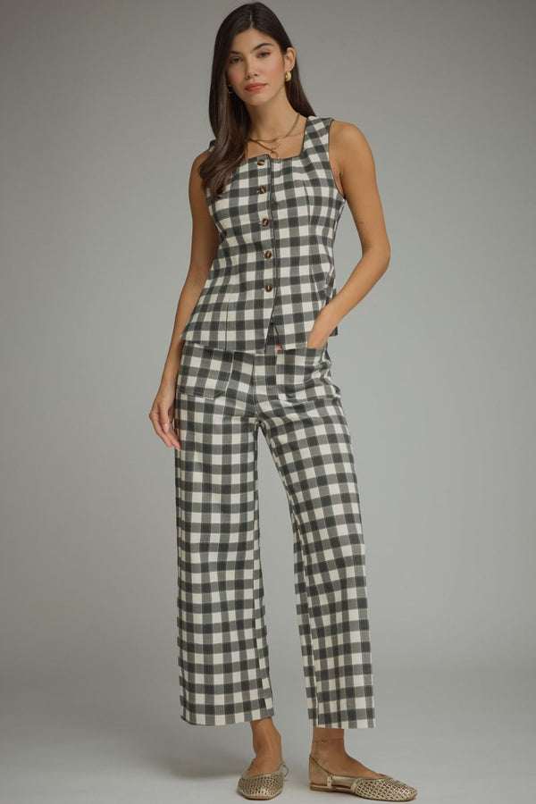 Black Gingham Wide Leg Pants w Front Pockets