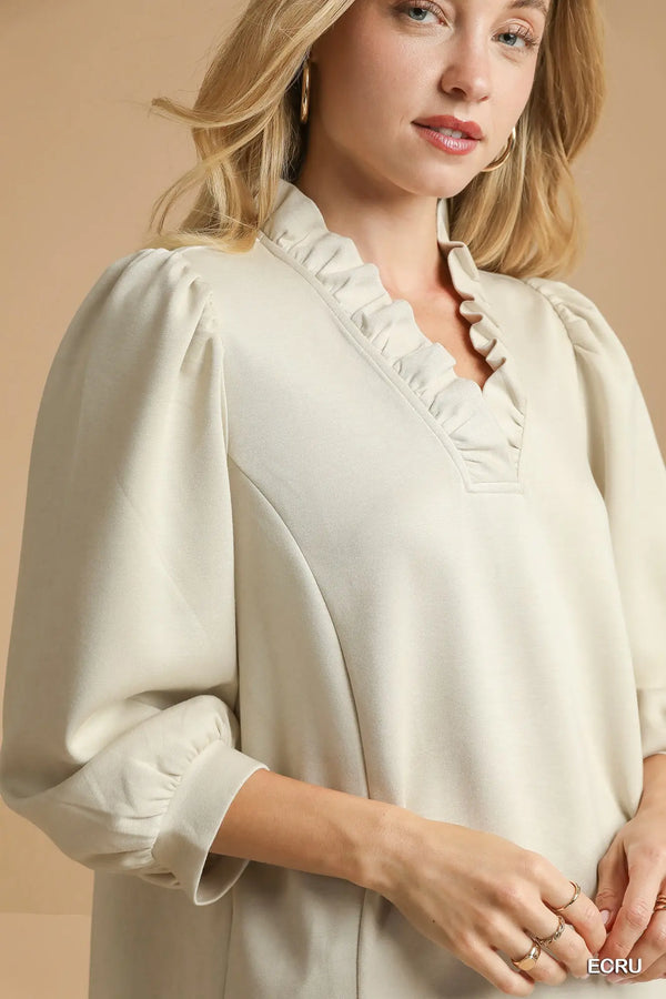 Ecru Luxeknit Ruffle Neck Blouse with Puff Sleeves