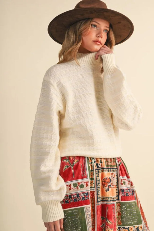 Quilted Ivory Cream Knit Mock Neck Sweater