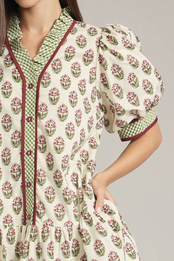 Ecru Print Puff Sleeve Mini Dress w Gingham Trim