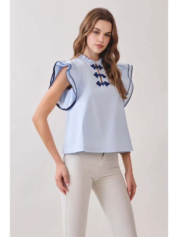 Ruffle Layered Flutter Sleeves Contrast Piping Top