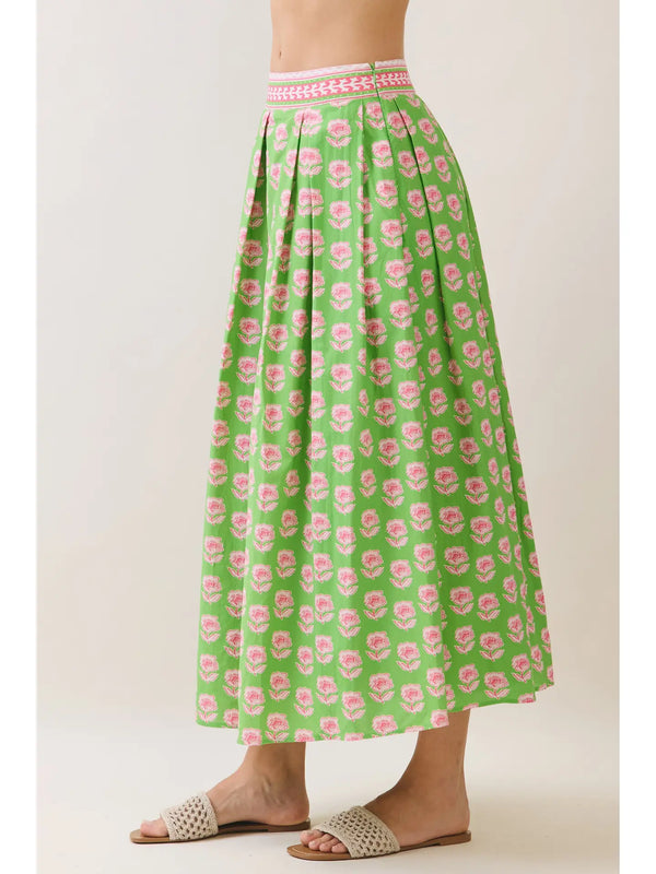 Green Floral Print Contrast Trim Detail Midi Skirt