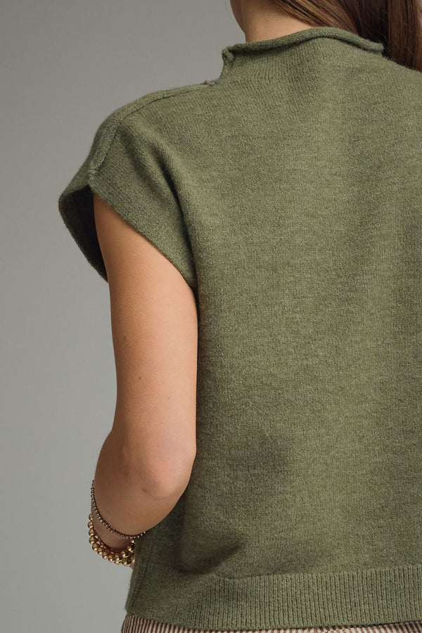 Olive Cap Sleeve Top w Rolled Mock Neck