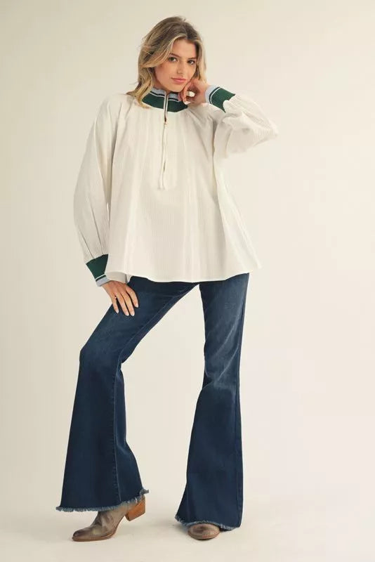 Off White Loose Fit Top with Contrast Band Detail