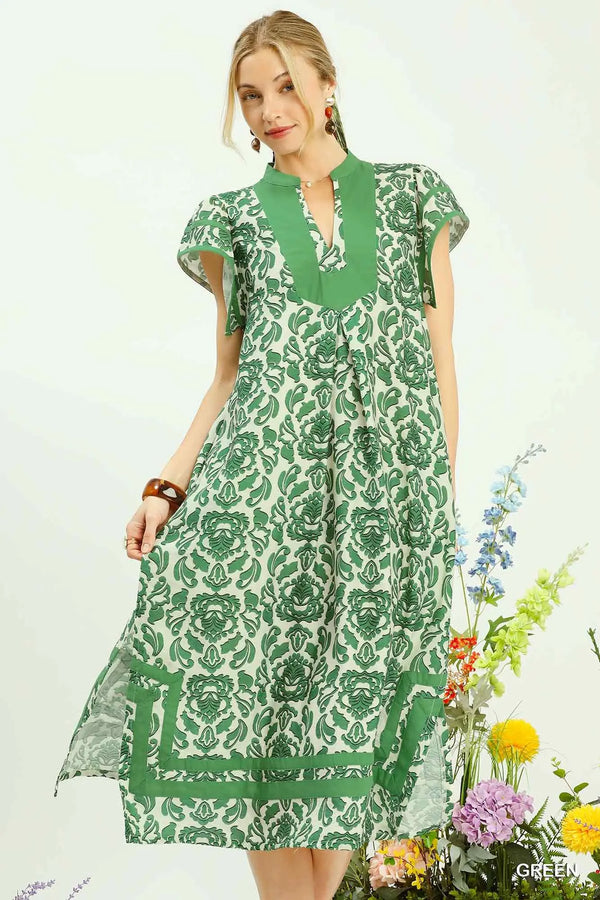 Green Abstract Two Tone Print Midi Dress