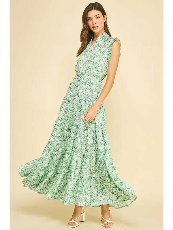 Mint Floral Print Tiered Maxi Dress