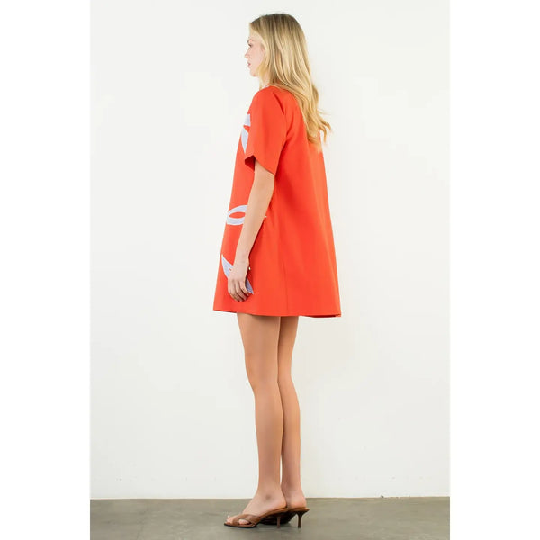 Orange Short Sleeve Floral Embroidery Dress