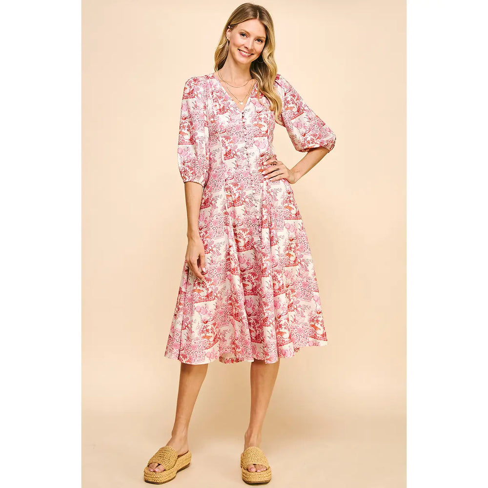 V-Neck Buttondown Midi Dress - Cream Pink