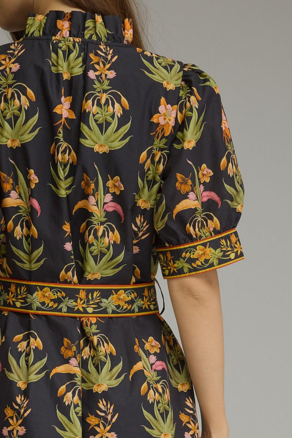 Black Floral Print Short Puff Sleeve Midi Dress