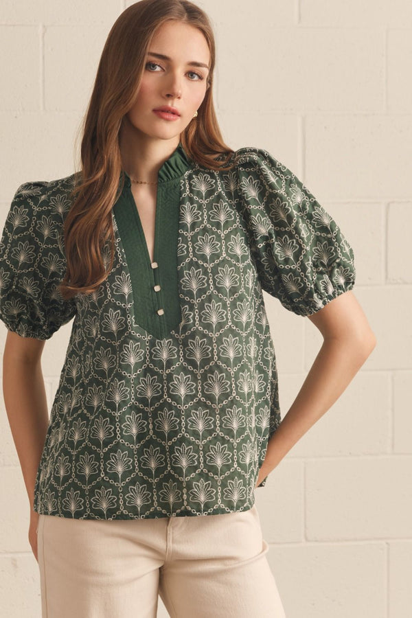 Army Embroidered Puff Sleeve Top w Ruffle Neck