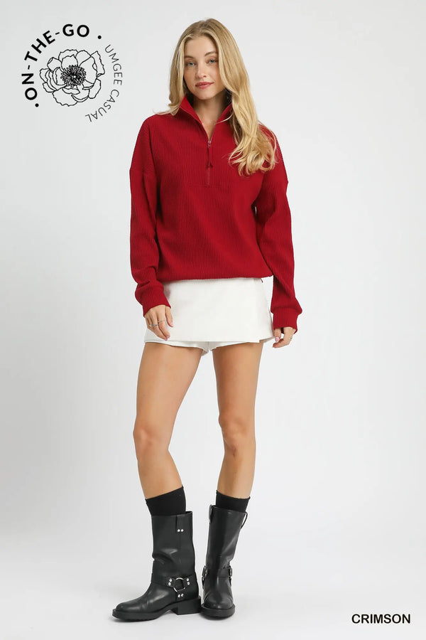 Crimson Ribbed Half-Zip Pullover
