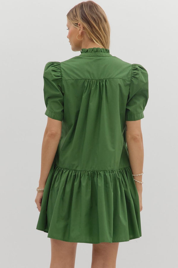 Forest Green Pleated Puff Sleeve Ruffle Mini Dress