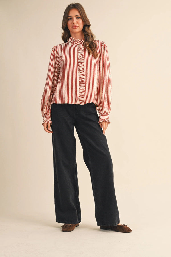 Red Striped Ruffled Button Down Long Sleeve