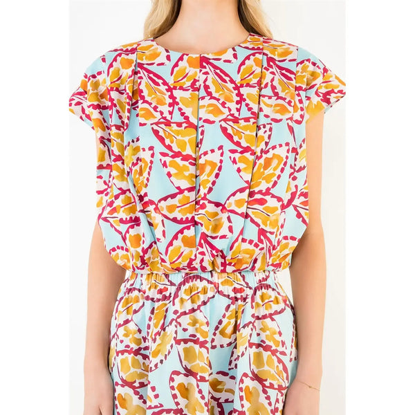 Sleeveless Blue Pattern Top with Button Back