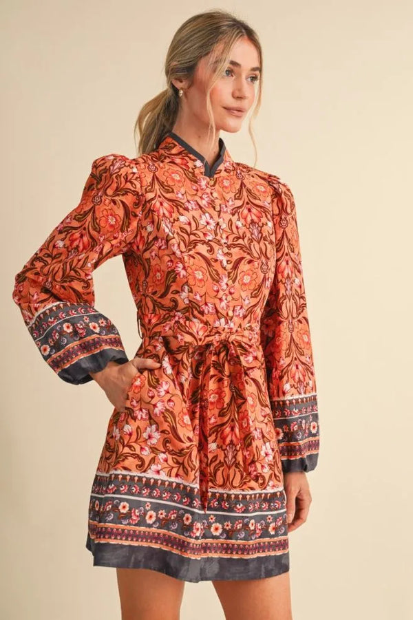 Mandarin Salmon Floral Border Print Belted Mini Dress