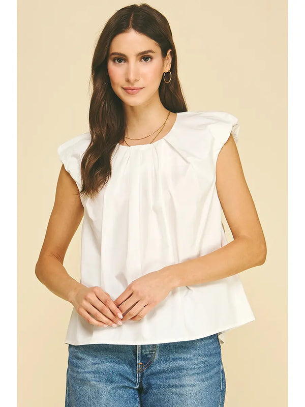 White Pleated Flutter Sleeve Blouse