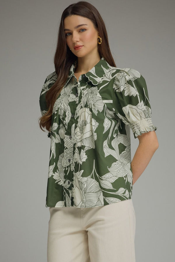 Floral Fern Print Puff Sleeve Top Featuring Scallop Trim
