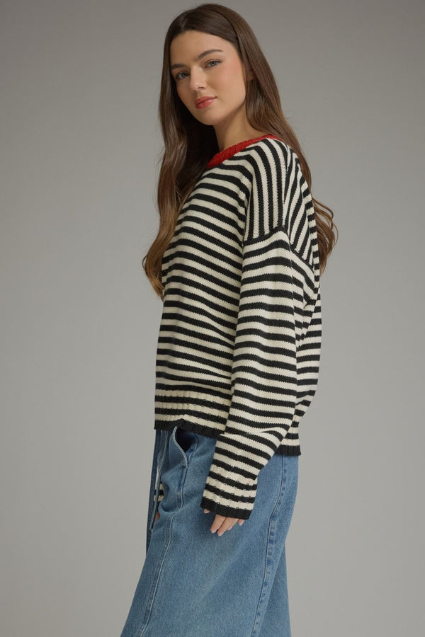 Cream & Black Stripe Knit Top w Contrast Round Neck
