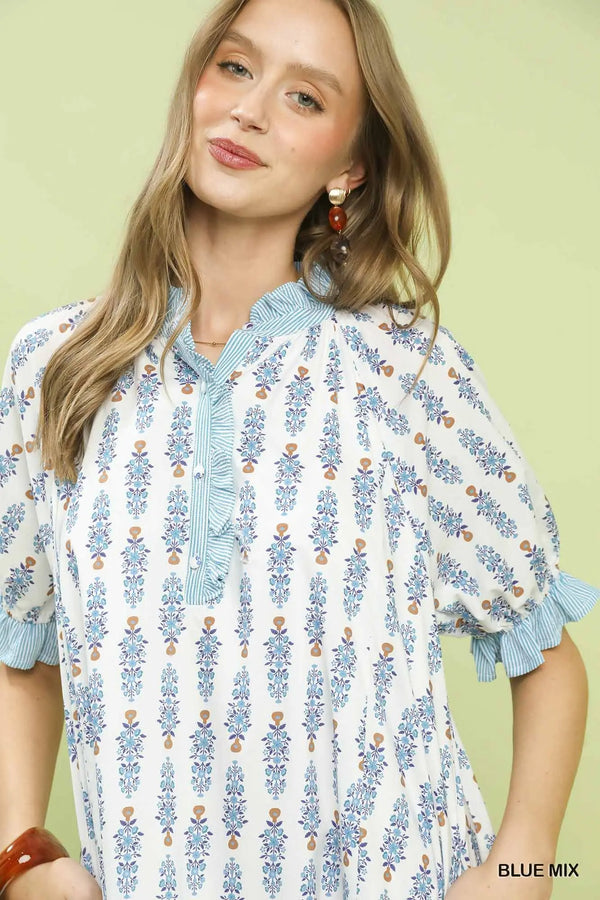 Blue Striped Trim Floral Tiered Mini Dress