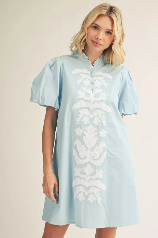 Short Aqua Puff Sleeves Shift Dress w Baroque Floral Applique